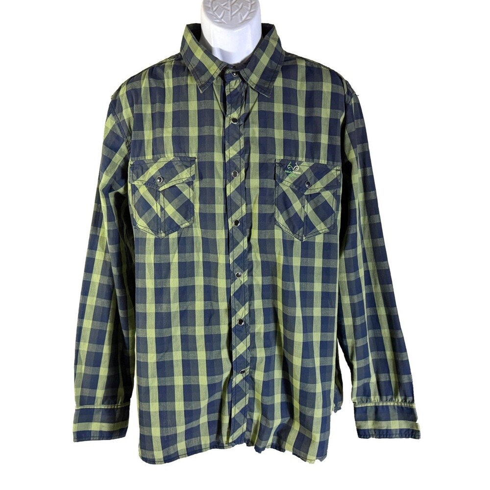 REALTREE Men's Long Sleeve Button Snap Down Checker‎ Shirt Green Blue XL